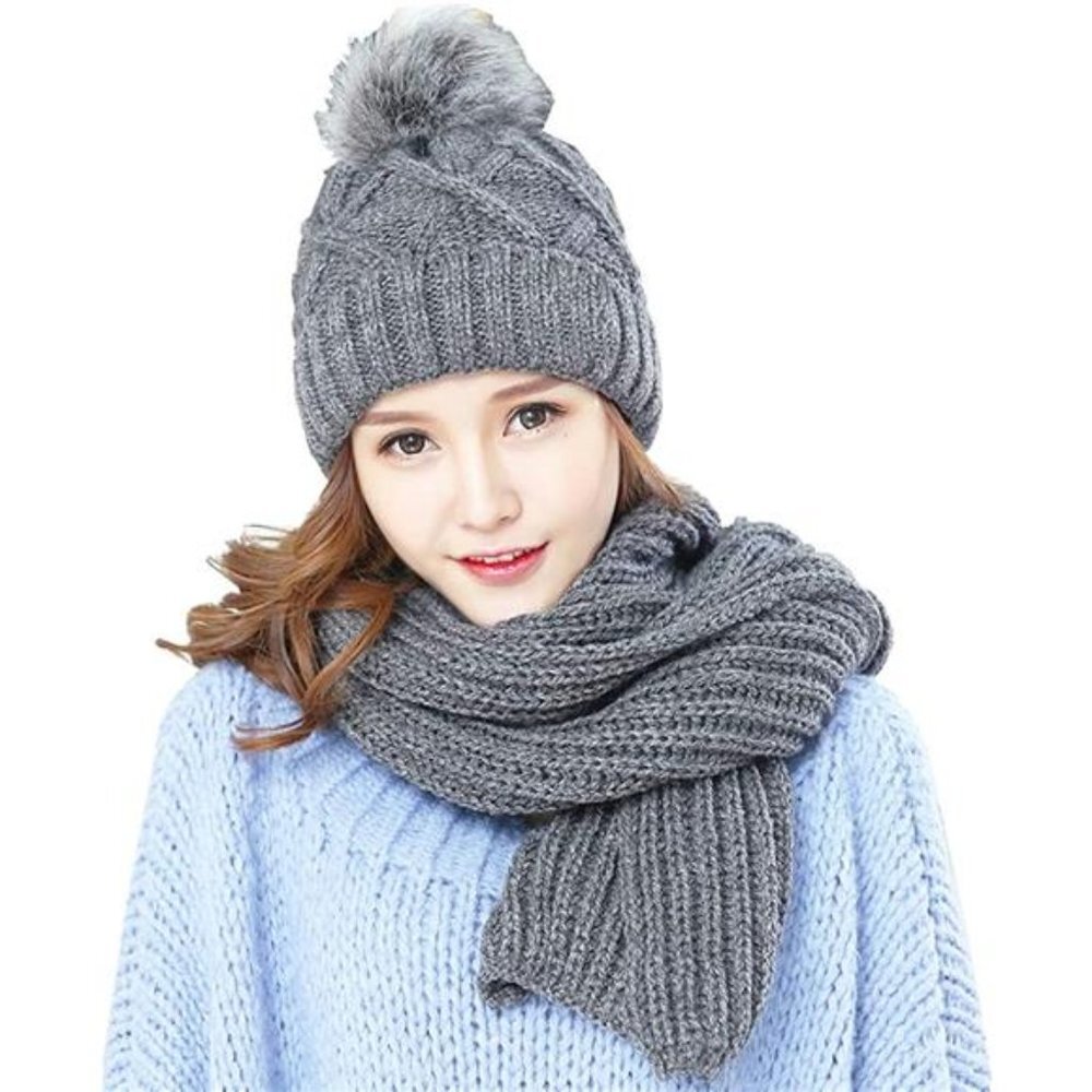 KRATARC Cold Winter Women Warm Scarf Beanie Hat Set Knitted Fleece Girls Pompom